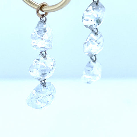 14K Yellow Gold Rough Diamond 3 Stone Laser-Pierced Hoop Dangling Earrings