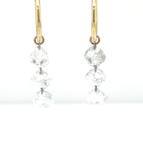 14K Yellow Gold Rough Diamond 3 Stone Laser-Pierced Hoop Dangling Earrings