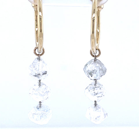 14K Yellow Gold Rough Diamond 3 Stone Laser-Pierced Hoop Dangling Earrings